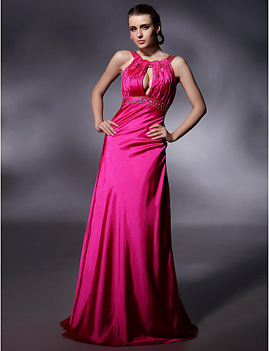 A-line Jewel Neckline Floor-length Stretch Satin Evening Dress.